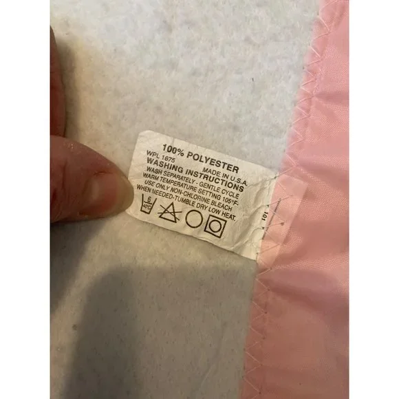 Vintage Baby Crib Blanket White Pink Satin Edge Bunny Embroidered Polyester USA